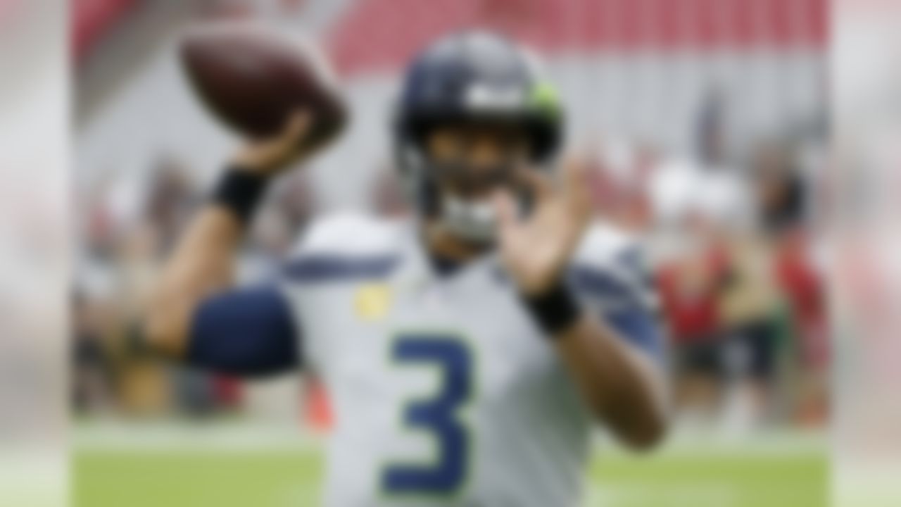 Seattle Seahawks quarterback Russell Wilson (3) warms up prior an NFL football game against the Arizona Cardinals, Sunday, Sept. 29, 2019, in Glendale, Ariz. (AP Photo/Rick Scuteri)