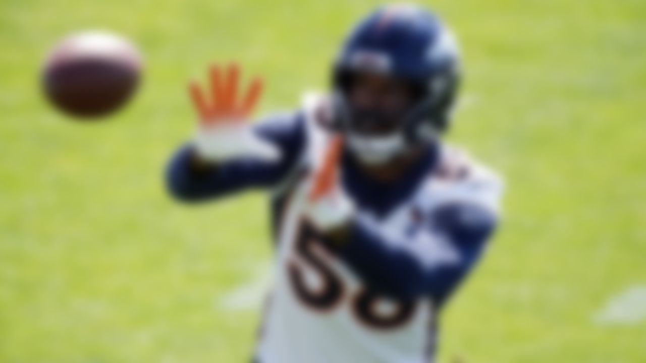 Denver Broncos outside linebacker Von Miller takes part in a drill during NFL football practice at the team's headquarters Tuesday, June 1, 2021, in Englewood, Colo.