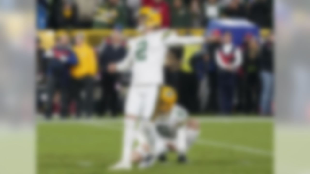 Green Bay Packers kicker Mason Crosby (2) kicks the winning field goal during an NFL football game against the Detroit Lions, Monday, Oct. 14, 2019 in Green Bay, Wis.