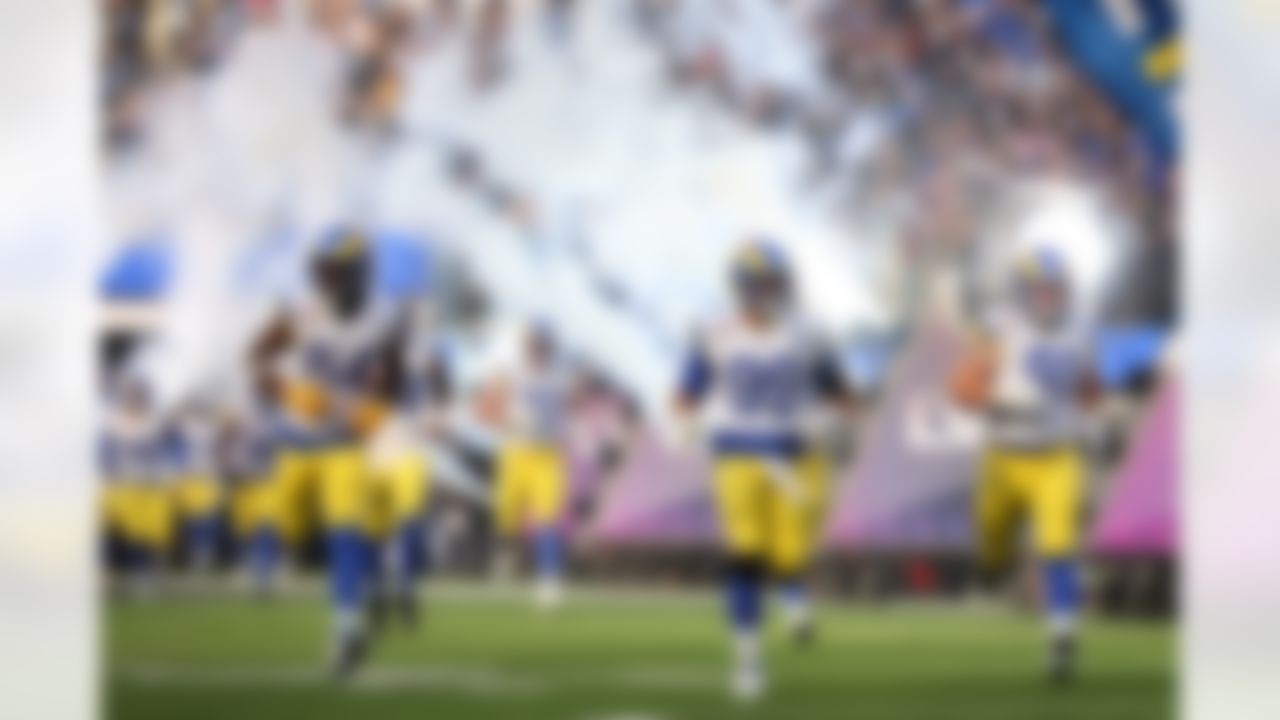 Los Angeles Rams defensive end Aaron Donald (99) runs onto the field prior to Super Bowl LVI against the Cincinnati Bengals on Sunday, February 13, 2022 in Inglewood, California.
