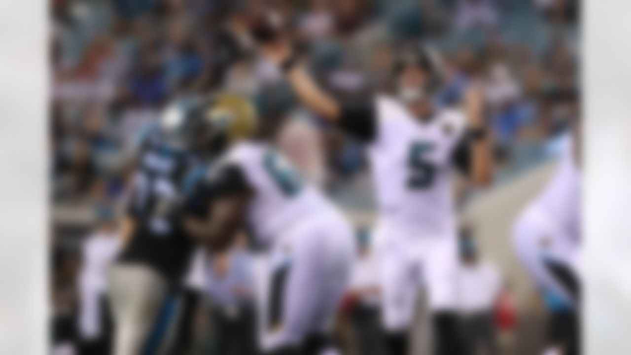 Jacksonville Jaguars quarterback Blake Bortles (5) throws a pass during an NFL football game against the Carolina Panthers at EverBank Field, Thursday, August 24, 2017 in Jacksonville, Fla. The Panthers defeated the Jaguars 24-23. (Perry Knotts/NFL)