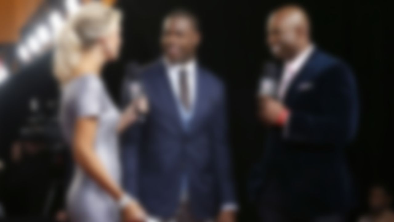 NFL Network's Melissa Stark interviews Dallas Cowboys running back DeMarco Murray (center) with NFL Hall of Famer Deion Sanders at the 4th Annual NFL Honors awards show at the Phoenix Symphony Hall on Saturday, January 31, 2015 in Phoenix.
