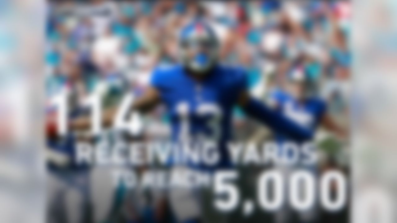 Odell Beckham Jr. needs 114 receiving yards to reach 5,000 in his career. If he hits that mark during Thursday Night Football against the Eagles, he will do so in only 53 career games, which would make him the fastest player to reach 5,000 receiving yards since 1970. Among the players he would pass as fastest to 5,000: Julio Jones (56), Randy Moss (59), and Jerry Rice (61).