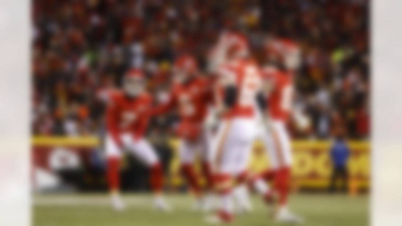 Kansas City Chiefs place kicker Harrison Butker (7) celebrates a game winning field goal after an NFL Conference Championship playoff game against the Cincinnati Bengals on Sunday, January 29, 2023 in Kansas City, Missouri.