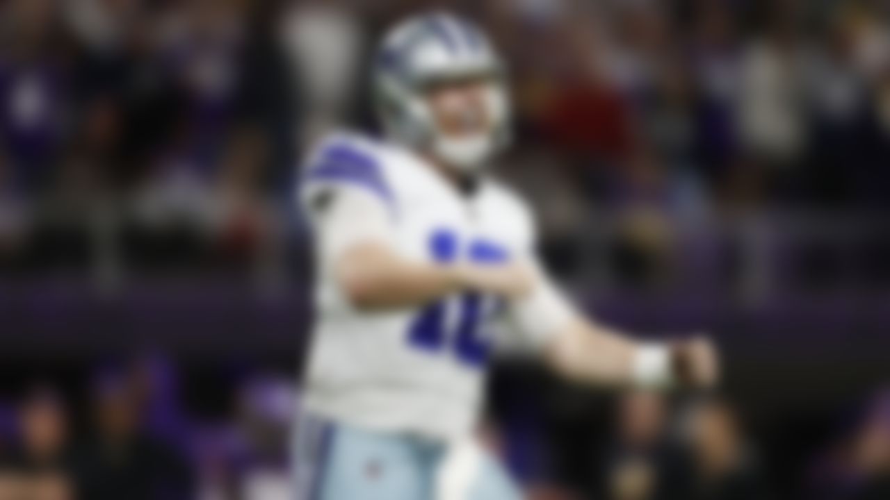 Dallas Cowboys quarterback Cooper Rush (10) celebrates a touchdown during an NFL football game against the Minnesota Vikings on Sunday, October 31, 2021 in Minneapolis, Minnesota.