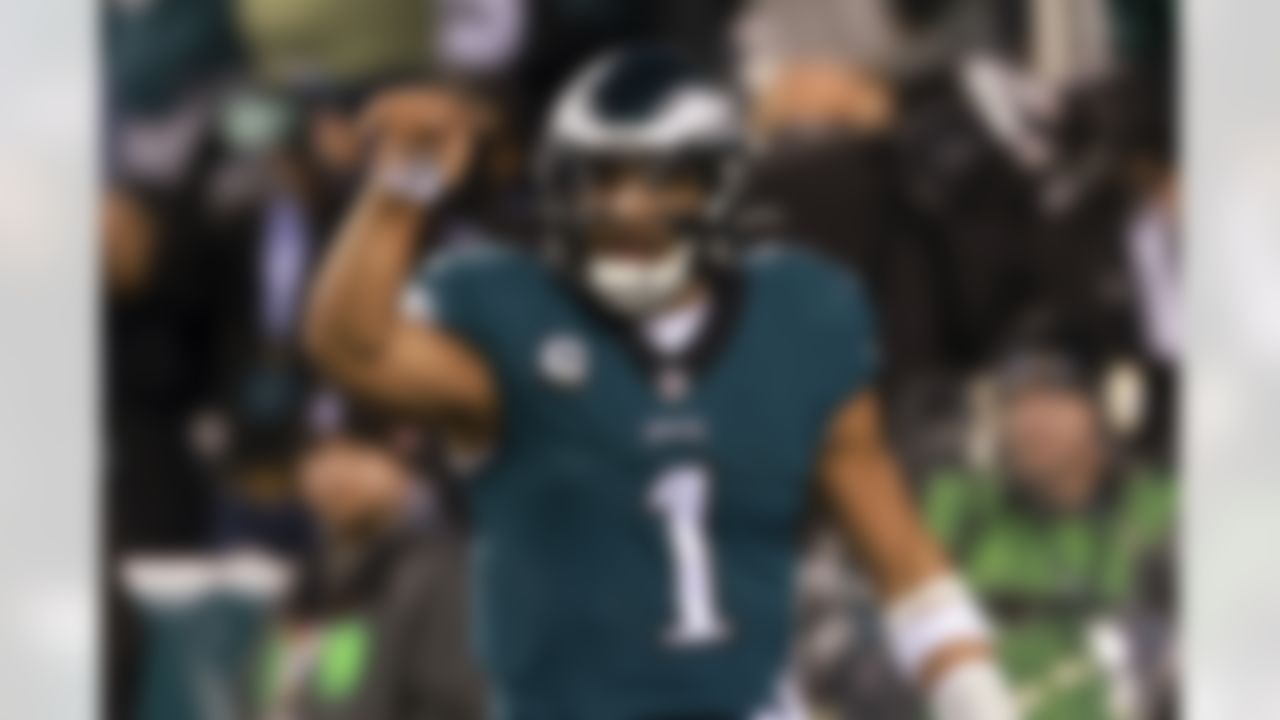 Philadelphia Eagles quarterback Jalen Hurts (1) celebrates during an NFL Conference Championship playoff game against the San Francisco 49ers on Sunday, January 29, 2023 in Philadelphia, Pennsylvania.