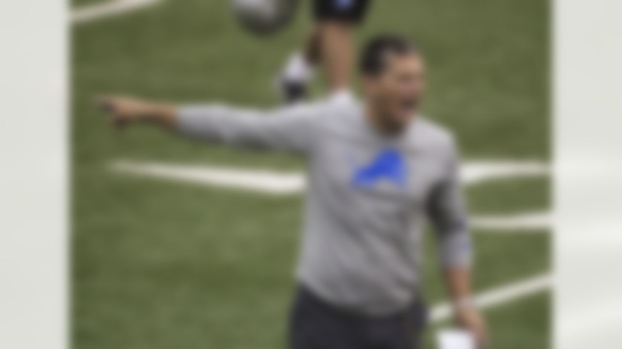 Detroit Lions coach Jim Schwartz directs during drills at the NFL football team's training facility in Allen Park, Mich., Friday, July 27, 2012. (AP Photo/Carlos Osorio)
