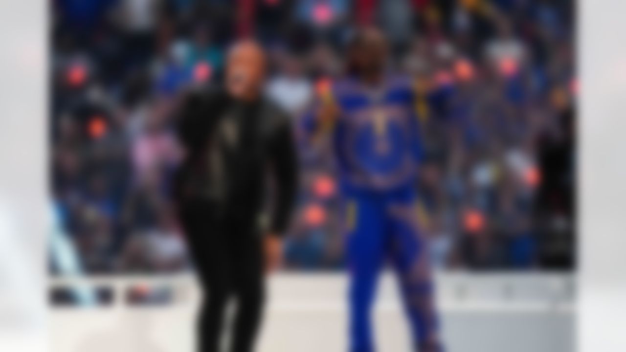 Rappers Dr. Dre and Snoop Dogg perform at the Pepsi Halftime Show during Super Bowl LVI on Sunday, February 13, 2022 in Inglewood, California.