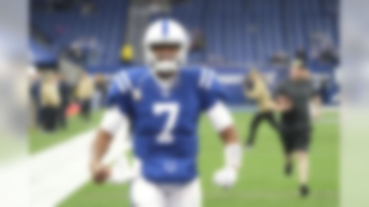 Indianapolis Colts quarterback Jacoby Brissett (7) yells before an NFL football game against the Jacksonville Jaguars, Sunday, Nov. 17, 2019, in Indianapolis. (AP Photo/AJ Mast)