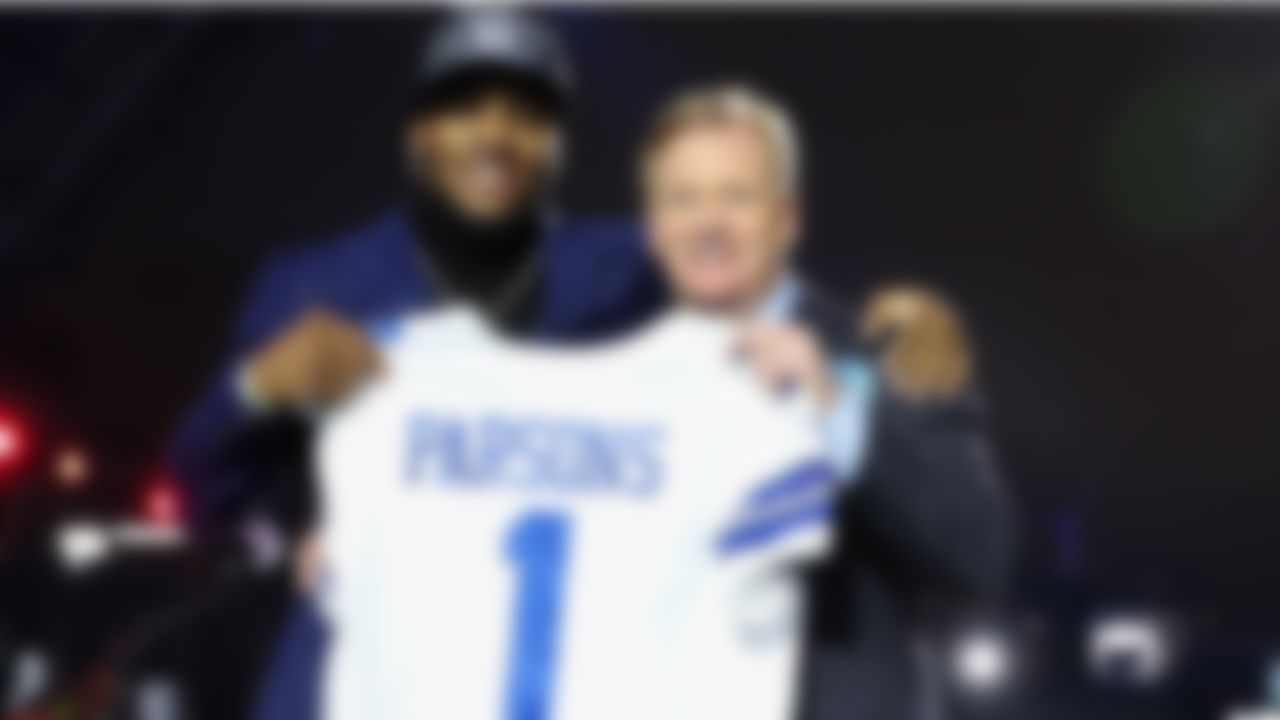 Penn State linebacker Micah Parsons celebrates with NFL Commissioner Roger Goodell after being drafted by the Dallas Cowboys during the 2021 NFL Draft on Thursday, April 29, 2021 in Cleveland, Ohio. (Ben Liebenberg/NFL)