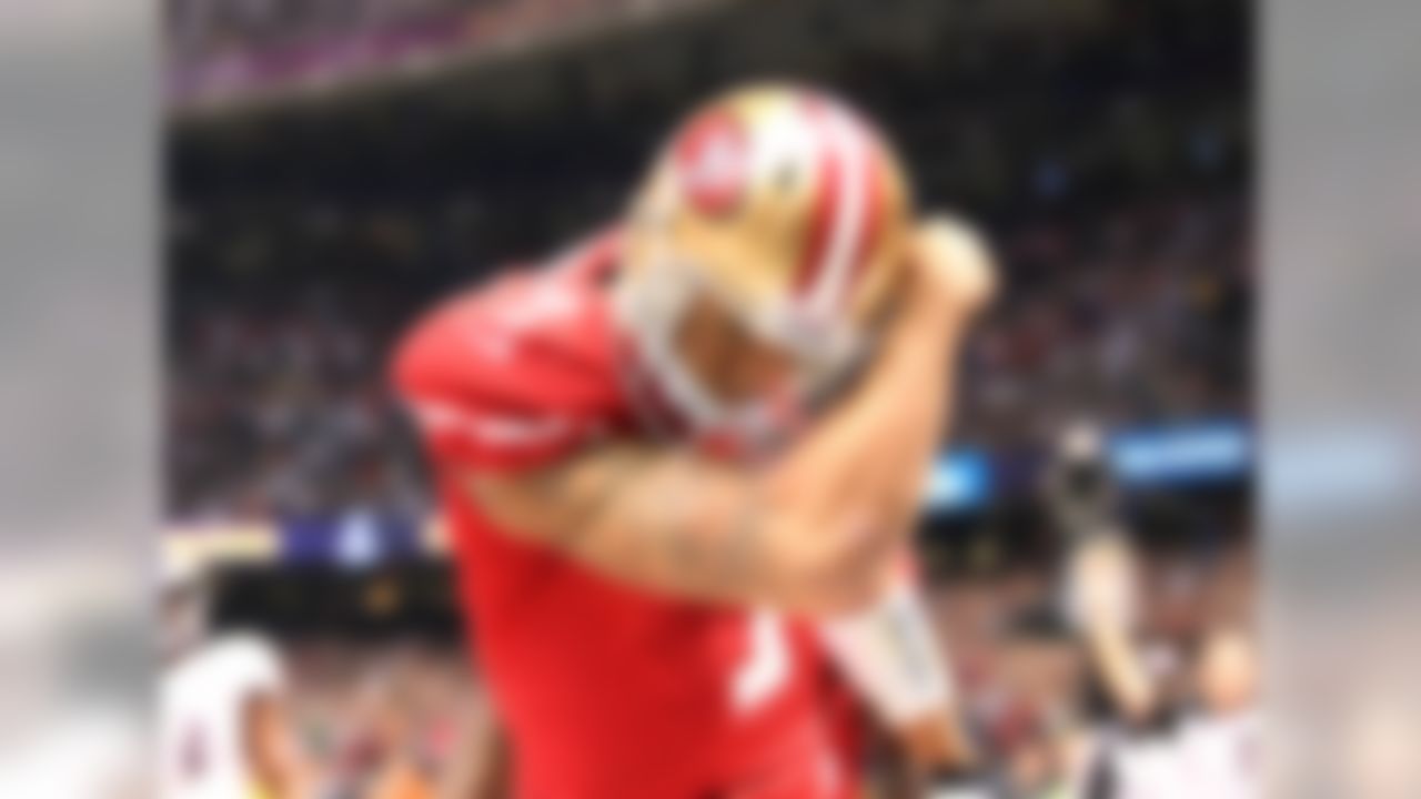 San Francisco 49ers quarterback Colin Kaepernick celebrates a touchdown against the Baltimore Ravens during the NFL Super Bowl XLVII at the Mercedes-Benz Superdome in New Orleans, LA on Sunday, February 3, 2013. (Steve Sanders/NFL)