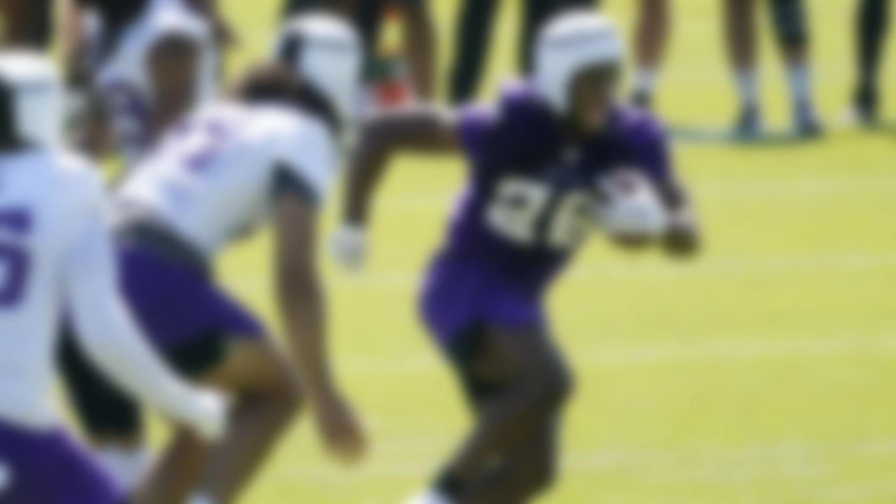 Minnesota Vikings rookie running back Kene Nwangwu carries the ball during NFL football minicamp practice Tuesday, June 15, 2021, in Eagan, Minn.