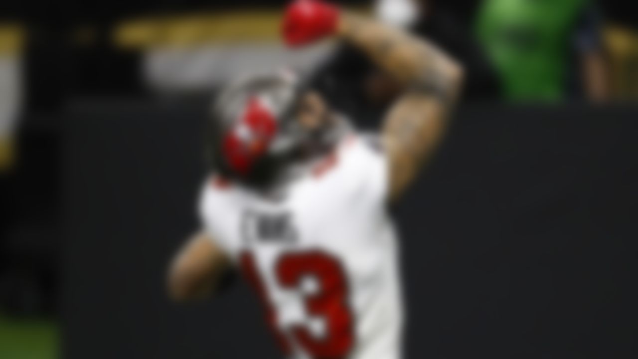 Tampa Bay Buccaneers wide receiver Mike Evans (13) celebrates after scoring a touchdown during an NFL Divisional Round playoff game against the New Orleans Saints on Sunday, January 17, 2021 in New Orleans, Louisiana.