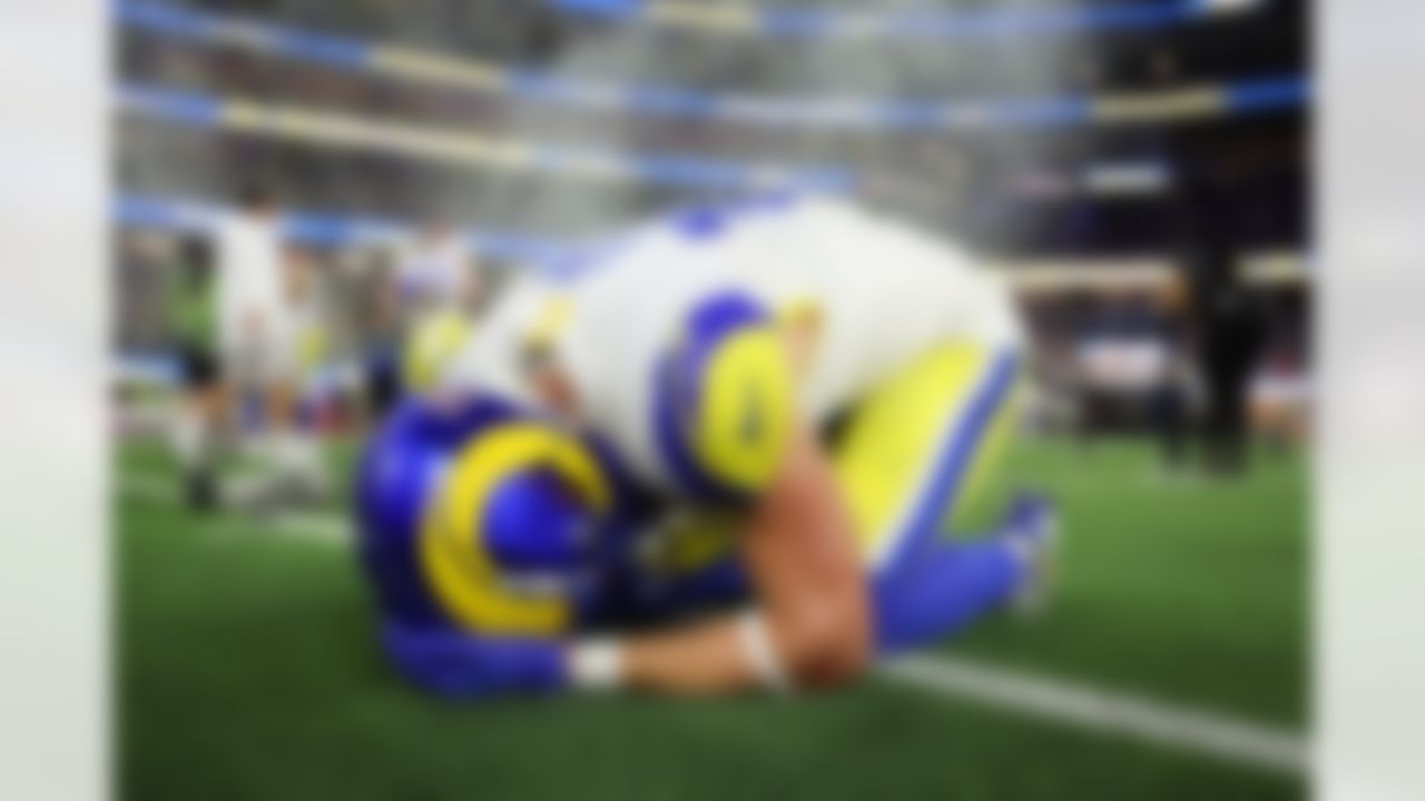 Los Angeles Rams wide receiver Cooper Kupp (10) celebrates by taking a moment by himself following Super Bowl LVI against the Cincinnati Bengals on Sunday, February 13, 2022 in Inglewood, California. The Los Angeles Rams won 23-20. (Ben Liebenberg/NFL)