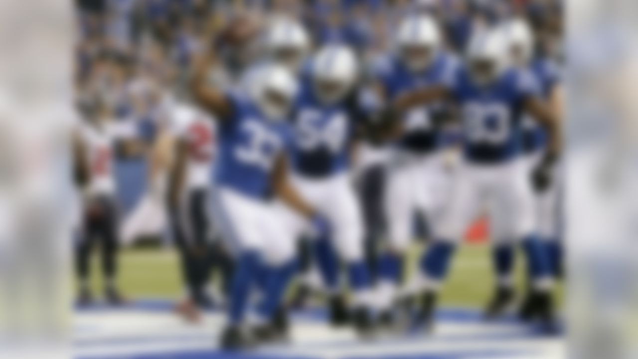 Indianapolis Colts' Vick Ballard (33) reacts following a 1-yard touchdown run during the first half of an NFL football game against the Houston Texans, Sunday, Dec. 30, 2012, in Indianapolis. (AP Photo/AJ Mast)