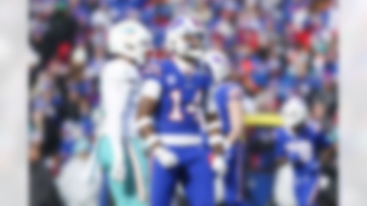 Buffalo Bills wide receiver Stefon Diggs (14) reacts to a play during an NFL Super Wild Card Weekend playoff game against the Miami Dolphins on Sunday, January 15, 2023 in Orchard Park, New York.