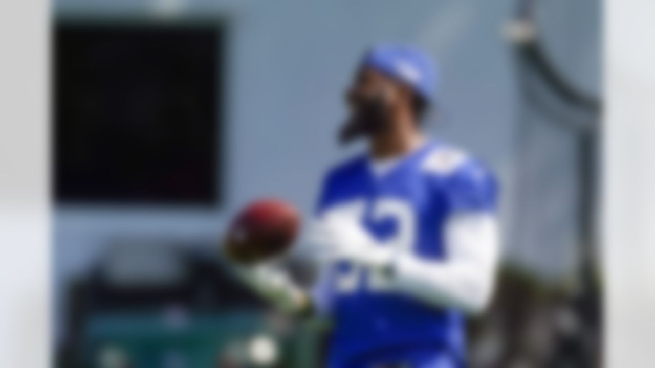 Indianapolis Colts outside linebacker Darius Leonard (53) tosses a football during NFL football practice, Thursday, May 20, 2021, in Indianapolis.