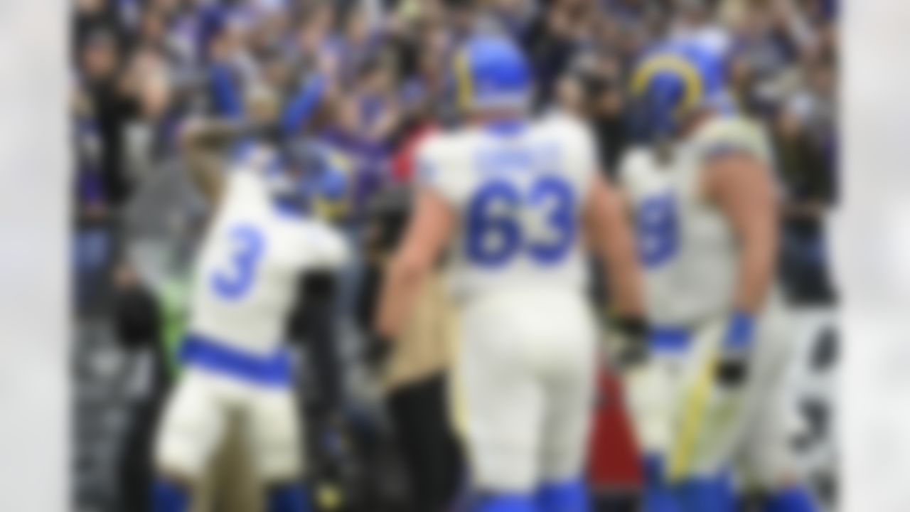 Los Angeles Rams wide receiver Odell Beckham Jr. (3) celebrates after scoring a touchdown on a pass from quarterback Matthew Stafford, not visible, during the second half of an NFL football game against the Baltimore Ravens, Sunday, Jan. 2, 2022, in Baltimore. The Rams won 20-19.