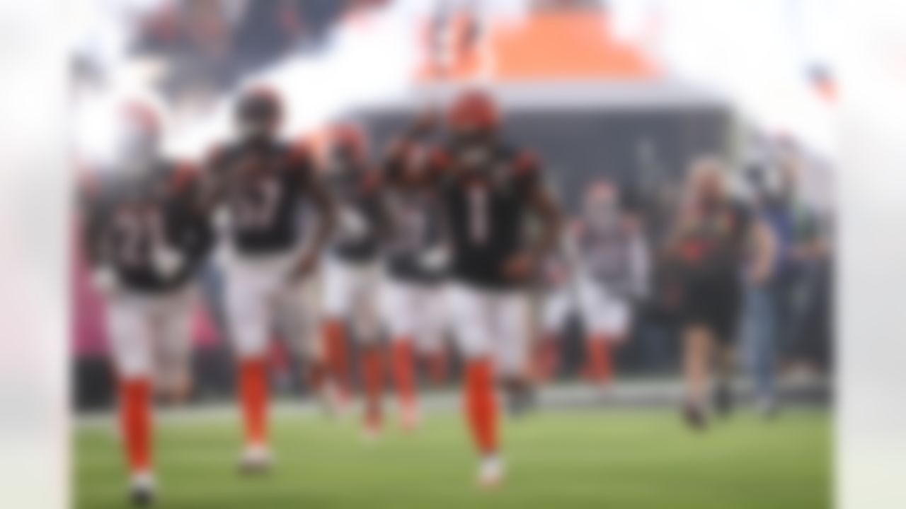 Cincinnati Bengals wide receiver Ja'Marr Chase (1) runs onto the field prior to Super Bowl LVI against the Los Angeles Rams on Sunday, February 13, 2022 in Inglewood, California. (Ben Liebenberg/NFL)