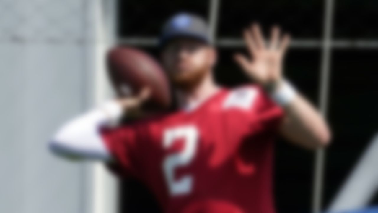 Indianapolis Colts quarterback Carson Wentz (2) throws during NFL football practice, Thursday, May 20, 2021, in Indianapolis.