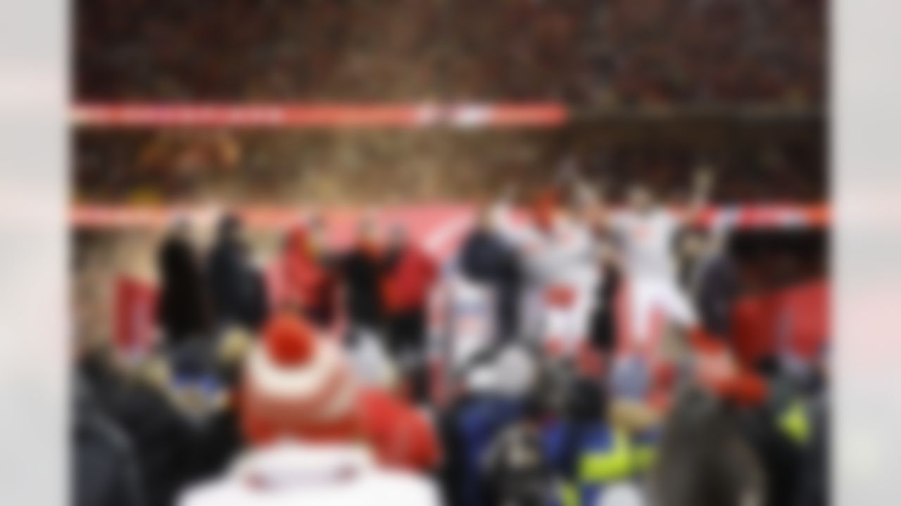 Kansas City Chiefs quarterback Patrick Mahomes (15) celebrates with the Lamar Hunt Trophy after an NFL Conference Championship playoff game against the Cincinnati Bengals on Sunday, January 29, 2023 in Kansas City, Missouri.