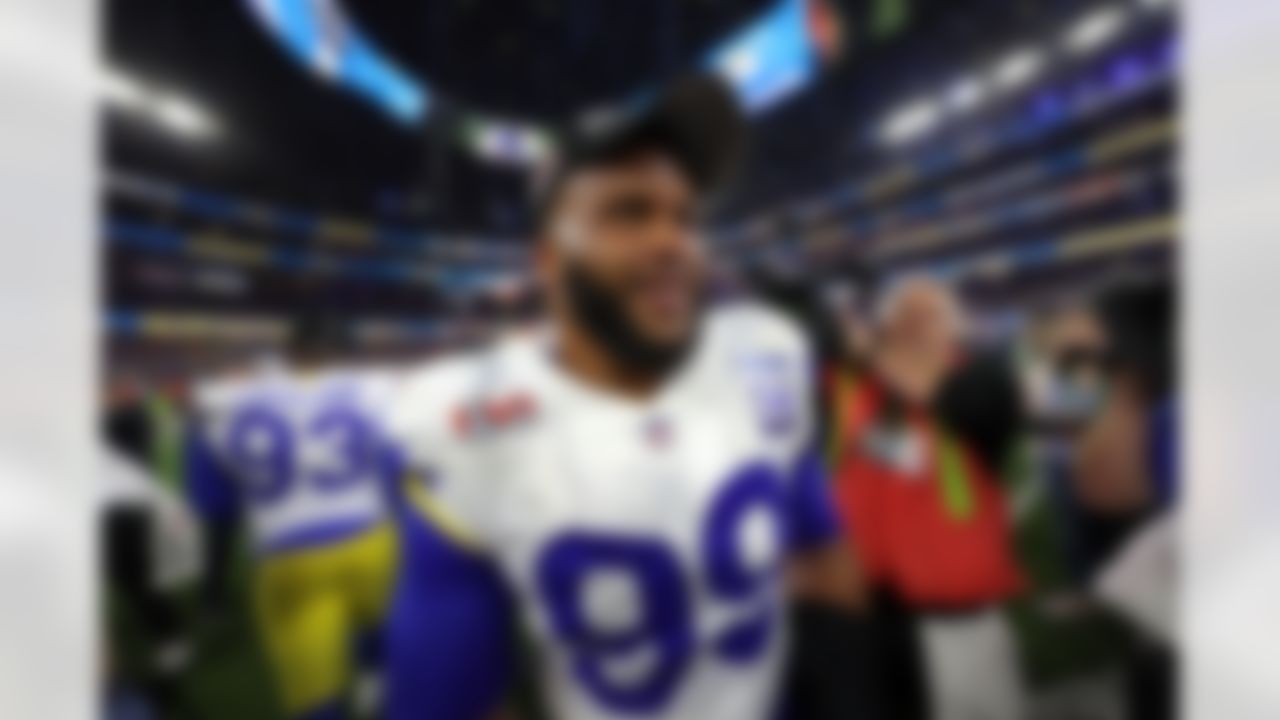 Los Angeles Rams defensive end Aaron Donald (99) celebrates a victory after Super Bowl LVI on Sunday, February 13, 2022 in Inglewood, California.