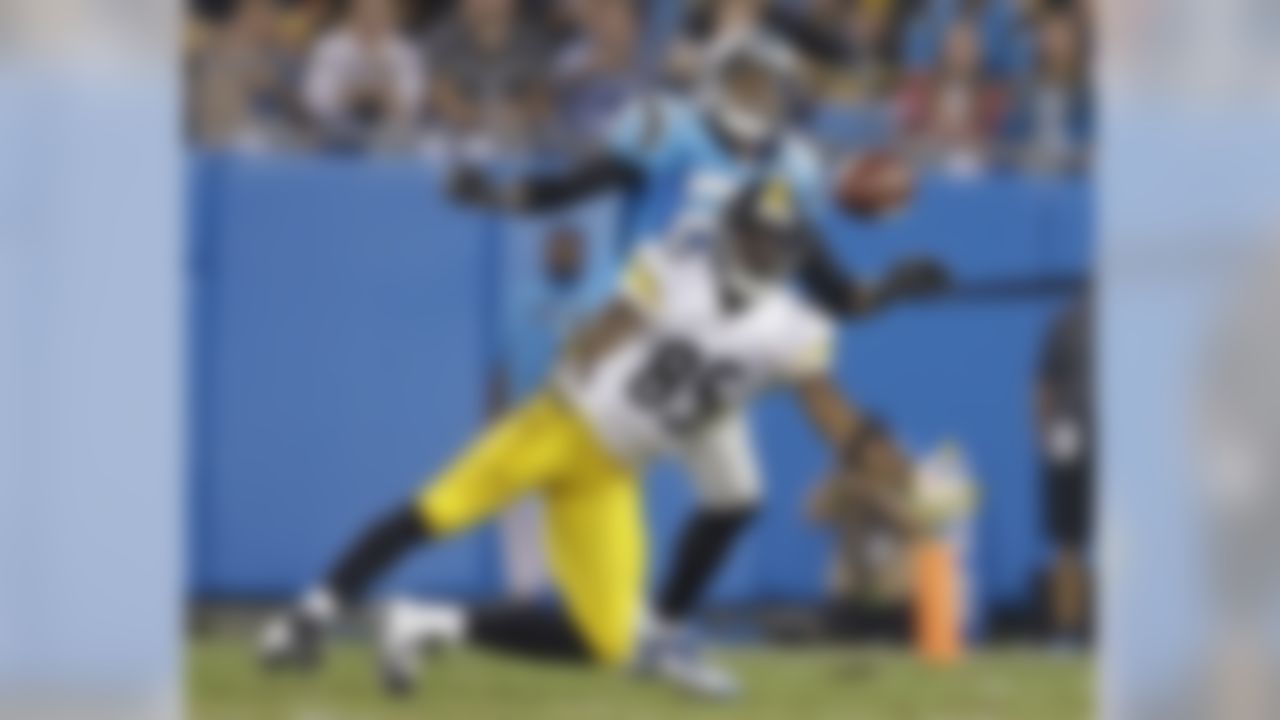 Pittsburgh Steelers' Darrius Heyward-Bey (85) reaches for a pass as Carolina Panthers' Thomas DeCoud (21) defends during the first half of an NFL football game in Charlotte, N.C., Sunday, Sept. 21, 2014. The pass was incomplete. (AP Photo/Bob Leverone)