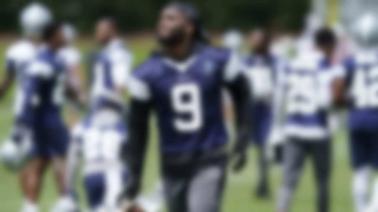 Dallas Cowboys middle linebacker Jaylon Smith (9) runs to a drill station during an NFL football team practice Tuesday, June 8, 2021, in Frisco, Texas.