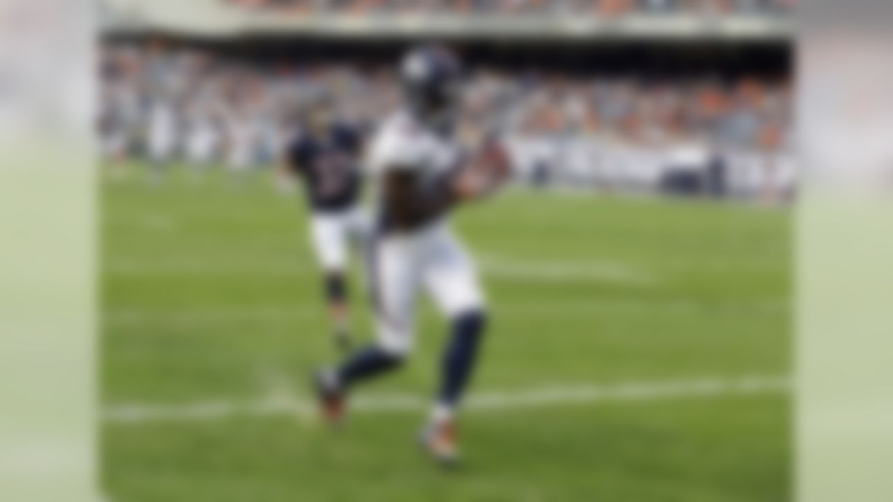 Denver Broncos wide receiver Demaryius Thomas (88) scores a touchdown on a pass from quarterback Mark Sanchez, in front of Chicago Bears cornerback Bryce Callahan (37) during the first half of an NFL preseason football game in Chicago, Thursday, Aug. 11, 2016. (AP Photo/Michael Conroy)