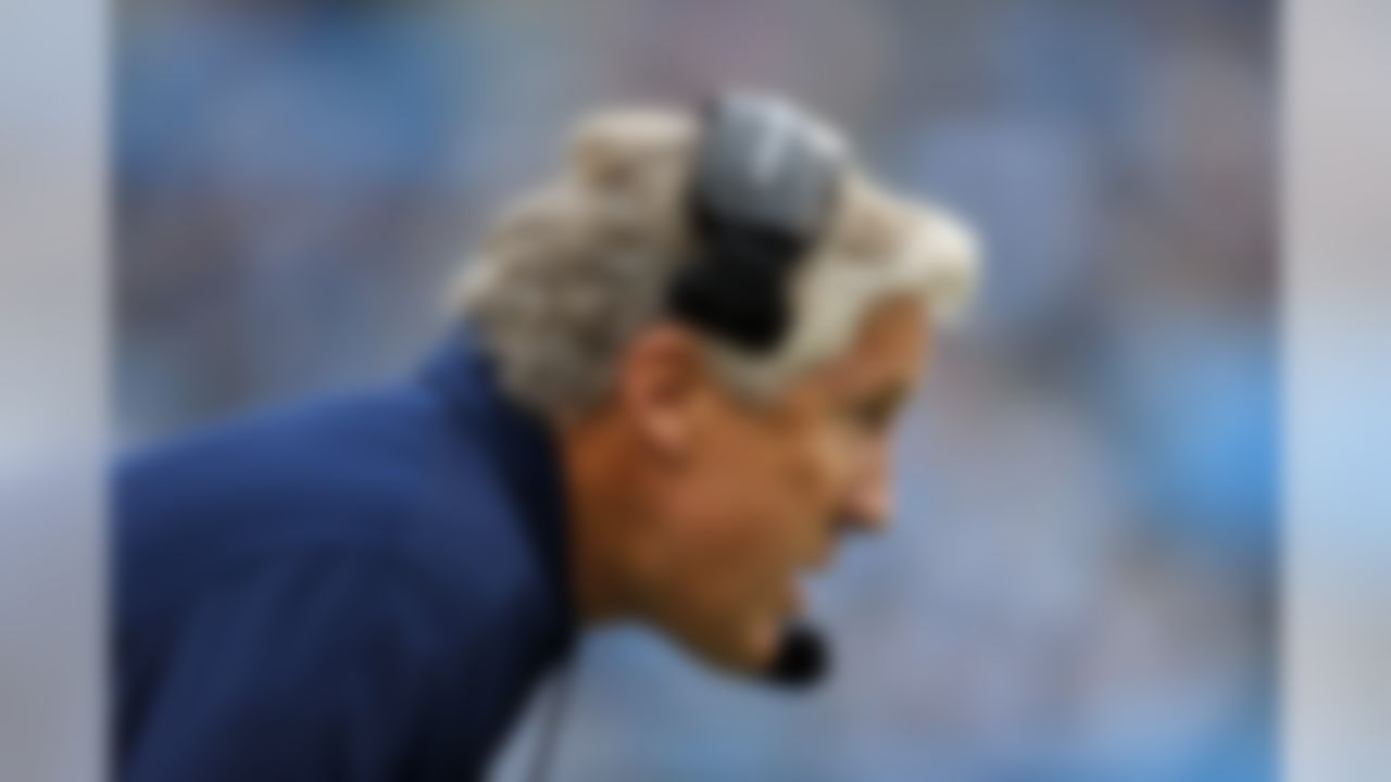 Seattle Seahawks head coach Pete Carroll looks on from the sidelines during the first quarter of an NFL football game against the Carolina Panthers in Charlotte, N.C., Sunday, Oct. 7, 2012. (AP Photo/Bob Leverone)