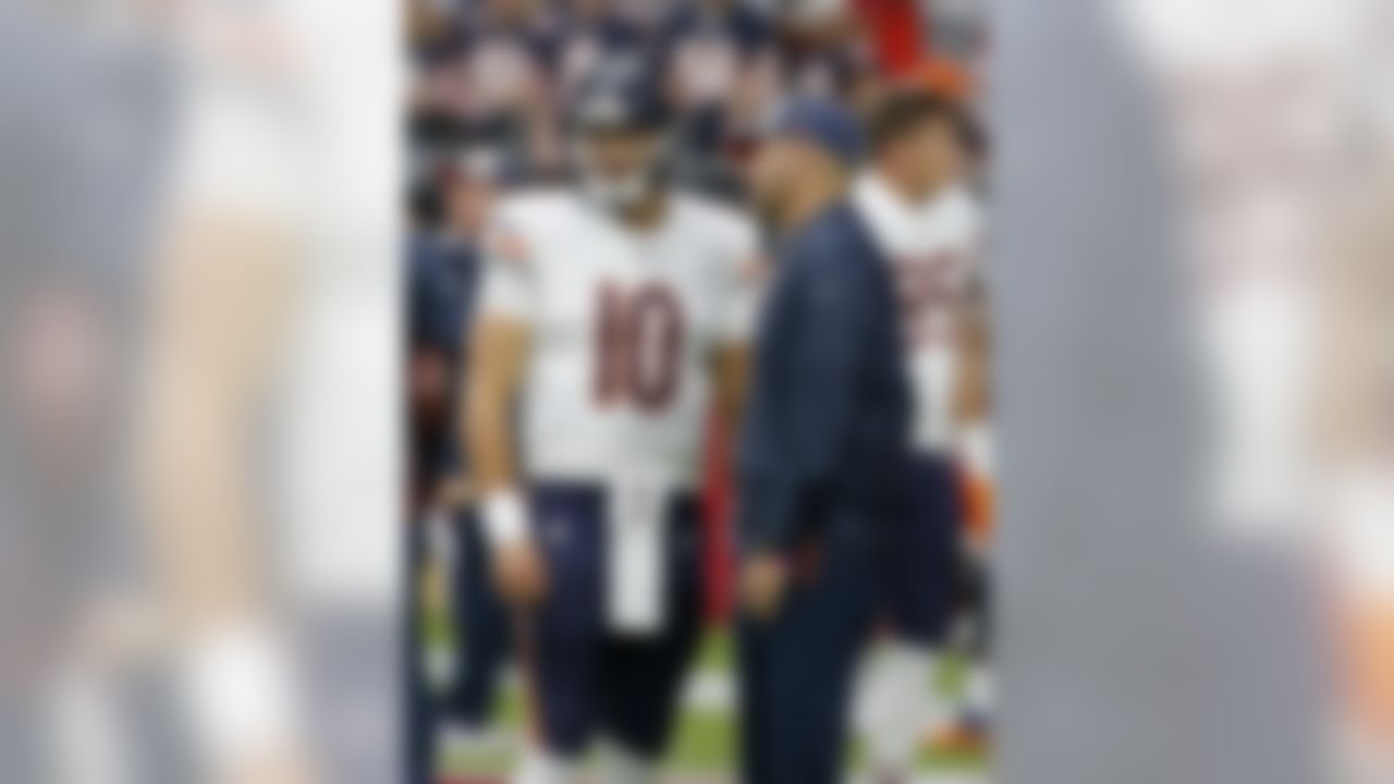 Chicago Bears quarterback Mitchell Trubisky (10) talks with Bears head coach Matt Nagy, right, prior to an NFL football game against the Arizona Cardinals, Sunday, Sept. 23, 2018, in Glendale, Ariz. (AP Photo/Rick Scuteri)