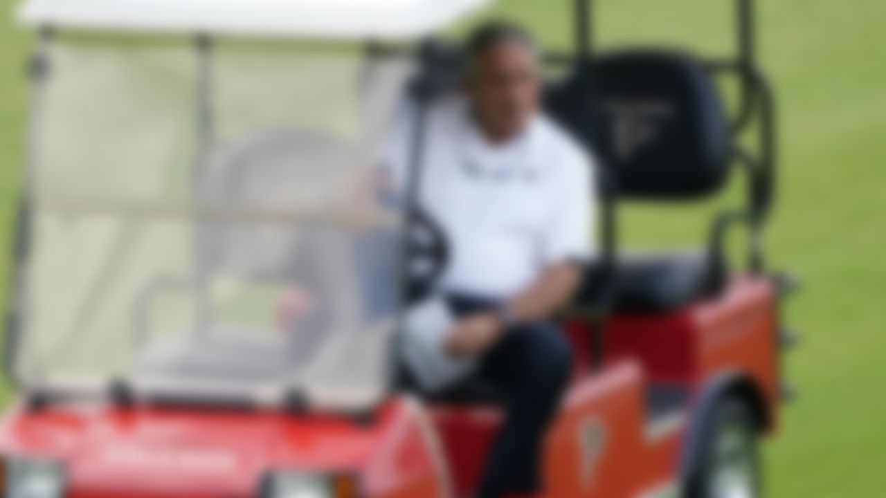 Atlanta Falcons owner Arthur Blank watches during the team's mini camp football practice from a golf cart Tuesday, June 8, 2021, in Flowery Branch, Ga.