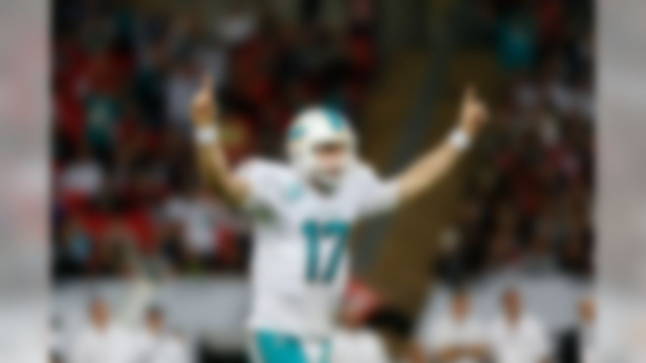 Miami Dolphins quarterback Ryan Tannehill (17) celebrates during an NFL football game against the Oakland Raiders at Wembley Stadium on Sunday September 28, 2014 in London, England. Miami won 38-14.