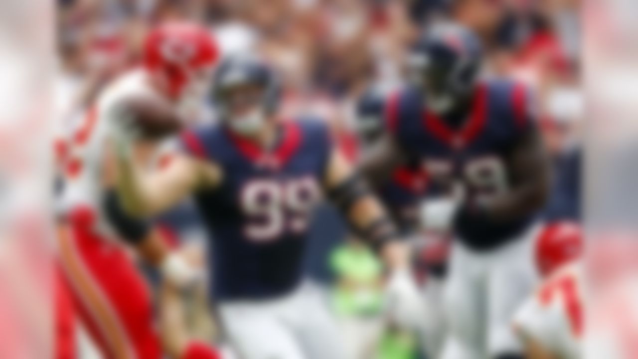 Houston Texans defensive end J.J. Watt  (99) celebrates after recovering a fumble during a Week 2 NFL football game against the Kansas City Chiefs on Sunday, Sept. 18, 2016 in Houston. The Texans beat the Chiefs 19-12. (Matt Patterson via AP)