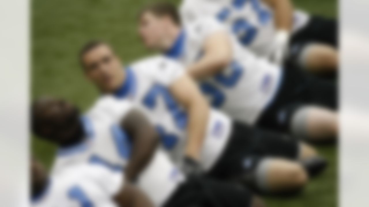 ALLEN PARK, MI - MAY 03: Caleb Campbell #47 of the Detroit Lions stretches prior to rookie training camp at the Detroit Lions Headquarters and Training Facility on May 3, 2008 in Allen Park, Michigan. (Photo by Gregory Shamus/Getty Images)