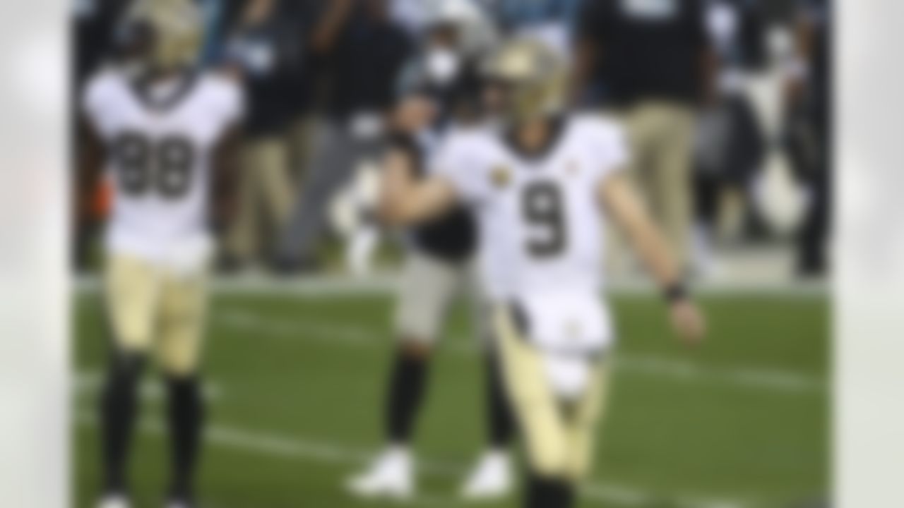 New Orleans Saints quarterback Drew Brees (9) celebrates during an NFL football game against the Carolina Panthers on Sunday, January 3, 2021 in Charlotte, North Carolina.