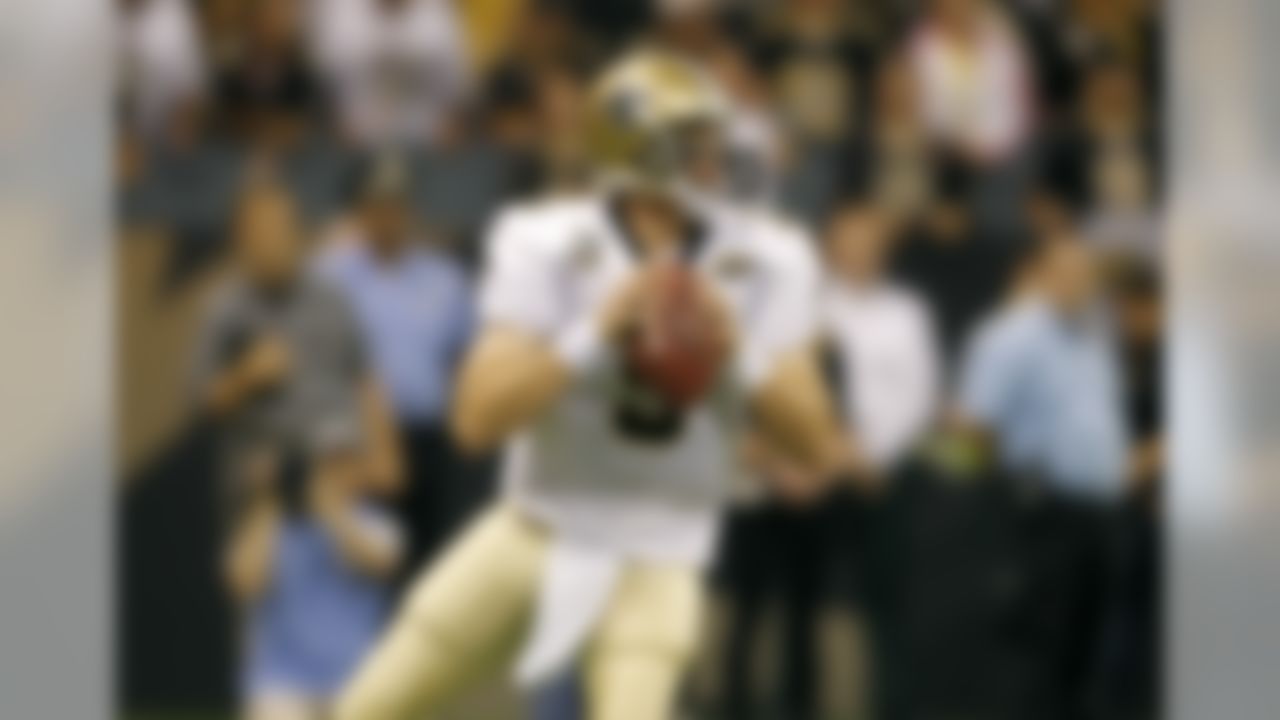 New Orleans Saints quarterback Drew Brees looks to throw the ball downfield against the Minnesota Vikings during the NFL Kickoff game at the Louisiana Superdome on September 9, 2010 in New Orleans, Louisiana. (Aaron M. Sprecher/NFL)