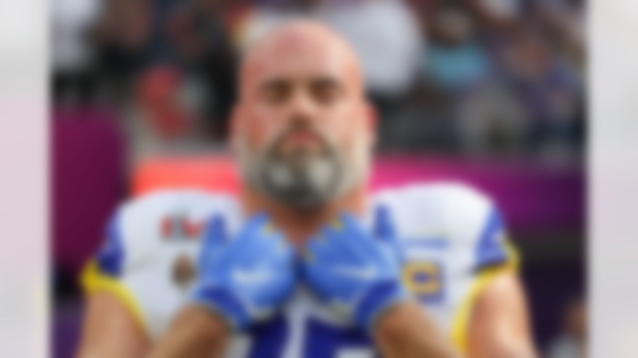A portrait of Los Angeles Rams offensive tackle Andrew Whitworth (77) prior to Super Bowl LVI against the Cincinnati Bengals on Sunday, February 13, 2022 in Inglewood, California. (Ben Liebenberg/NFL)
