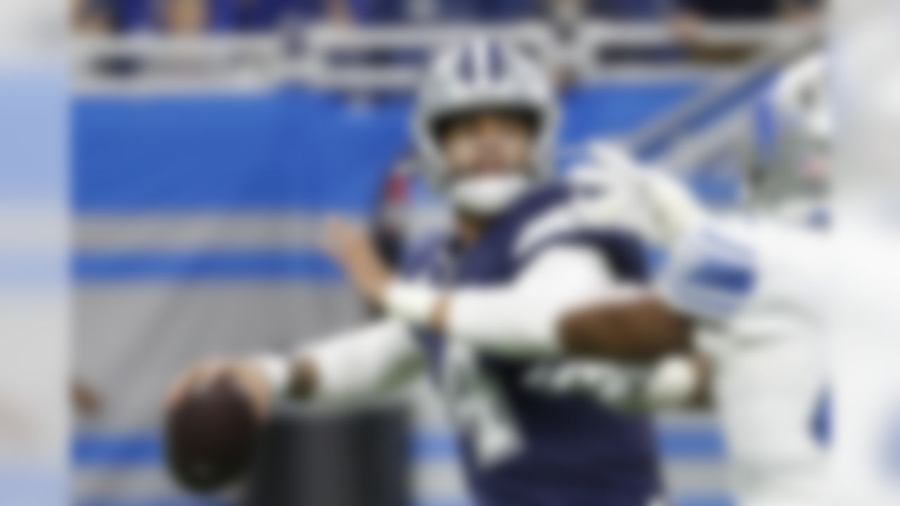 Dallas Cowboys quarterback Dak Prescott (4) is pressured during the first half of an NFL football game against the Detroit Lions, Sunday, Nov. 17, 2019, in Detroit. (AP Photo/Rick Osentoski)