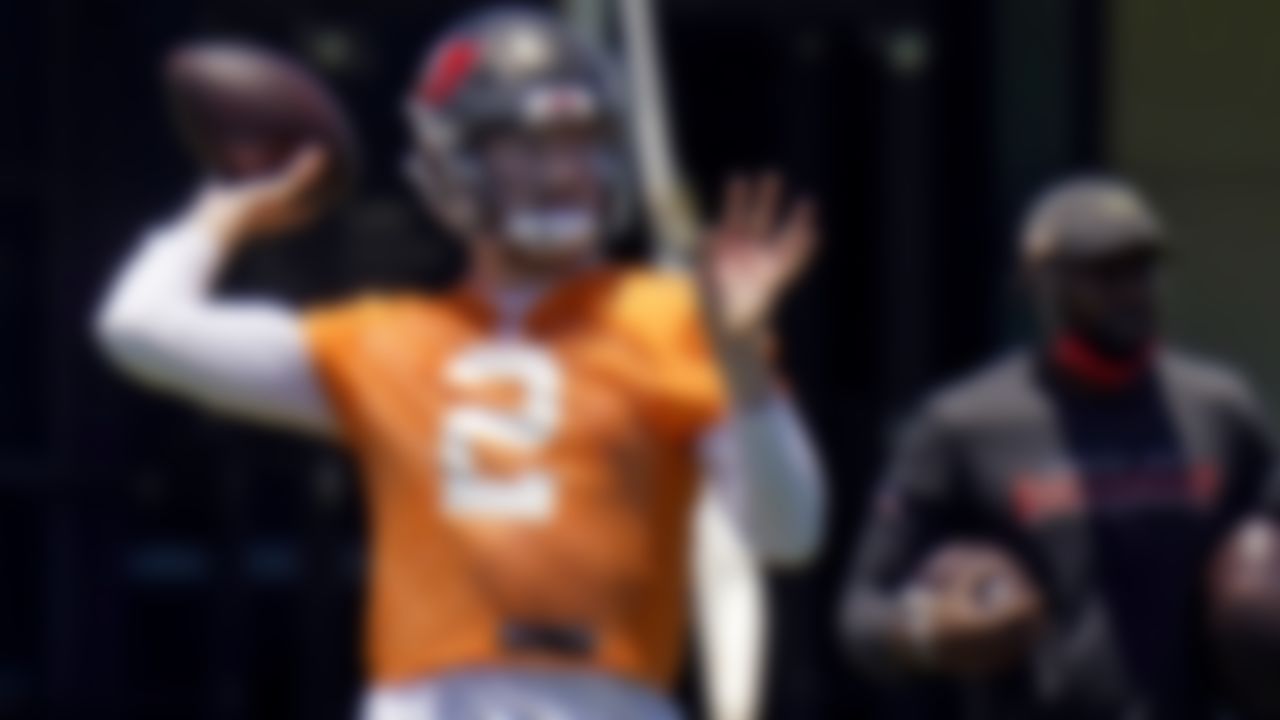 Tampa Bay Buccaneers quarterback Kyle Trask throws a pass during a Buccaneers NFL football rookie minicamp Friday, May 14, 2021, in Tampa, Fla. Trask, from Florida, was drafted by the Buccaneers in the second round.
