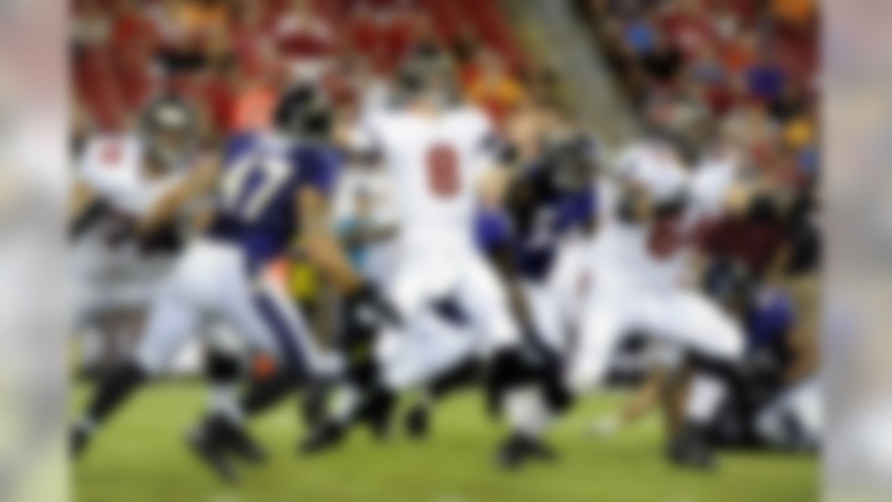 Tampa Bay Buccaneers quarterback Mike Glennon (8) drops back to pass during the second half of an NFL preseason football game against the Baltimore Ravens on Thursday, Aug. 8, 2013, in Tampa, Fla. (AP Photo/Brian Blanco)