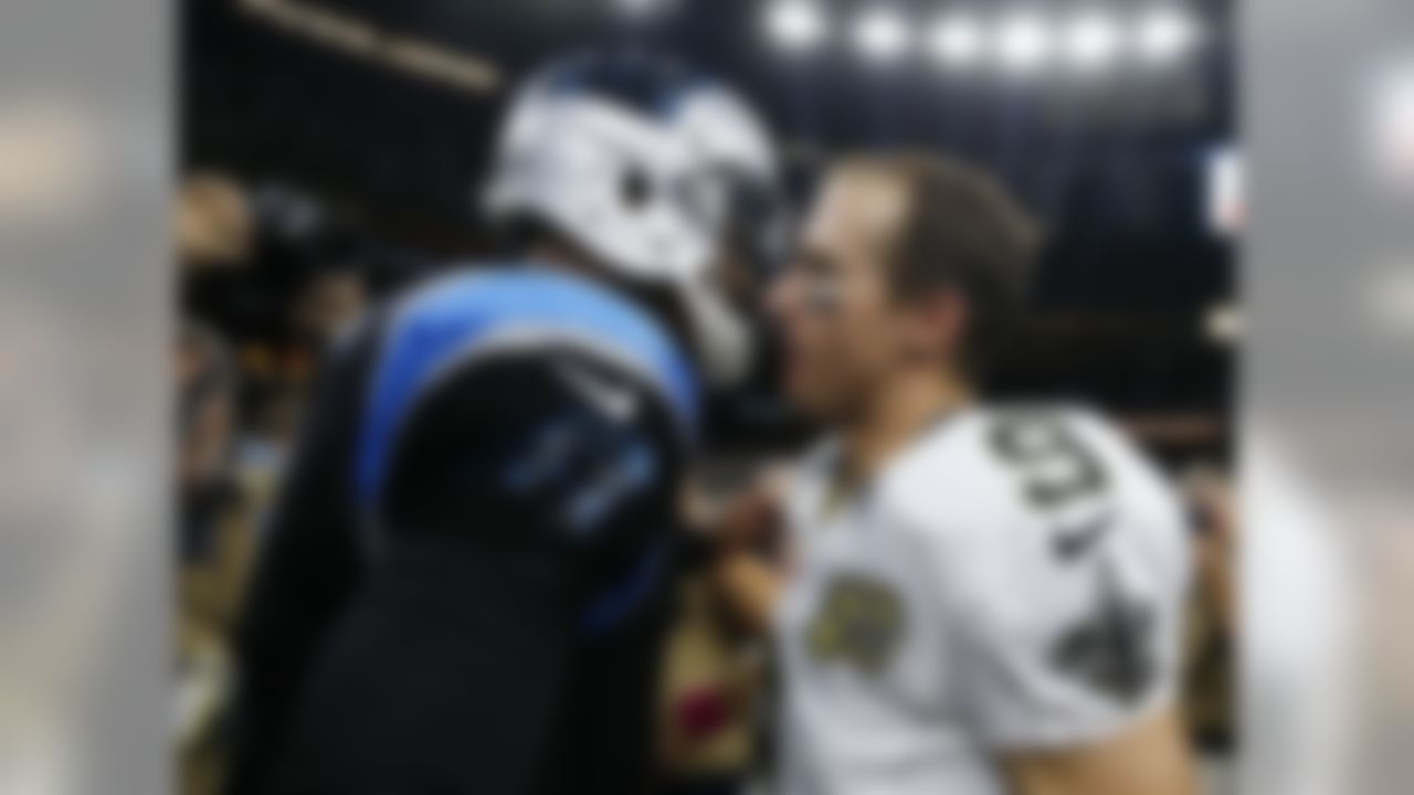 Carolina Panthers quarterback Cam Newton (1) and New Orleans Saints quarterback Drew Brees (9) shake hands after a game, Sunday, Oct. 16, 2016 in New Orleans. (Logan Bowles/NFL)