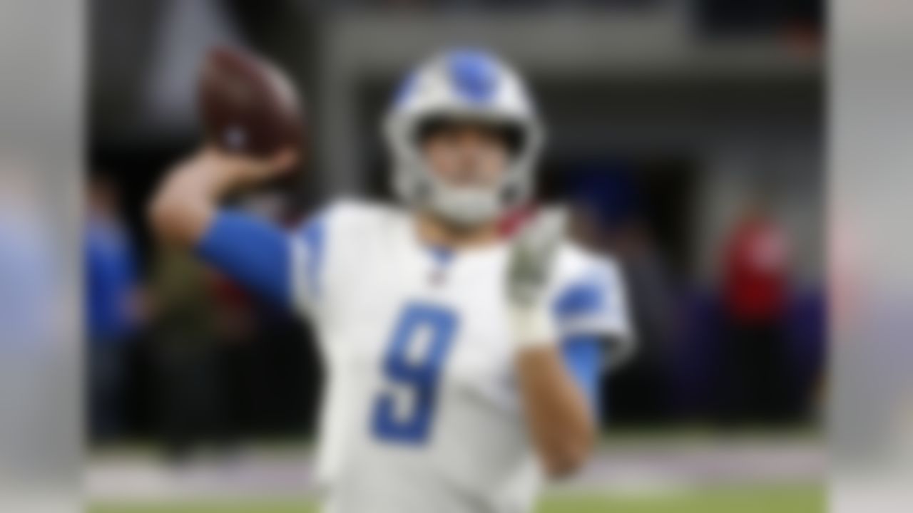 Detroit Lions quarterback Matthew Stafford warms up before an NFL football game against the Minnesota Vikings, Sunday, Nov. 4, 2018, in Minneapolis. (AP Photo/Jim Mone)