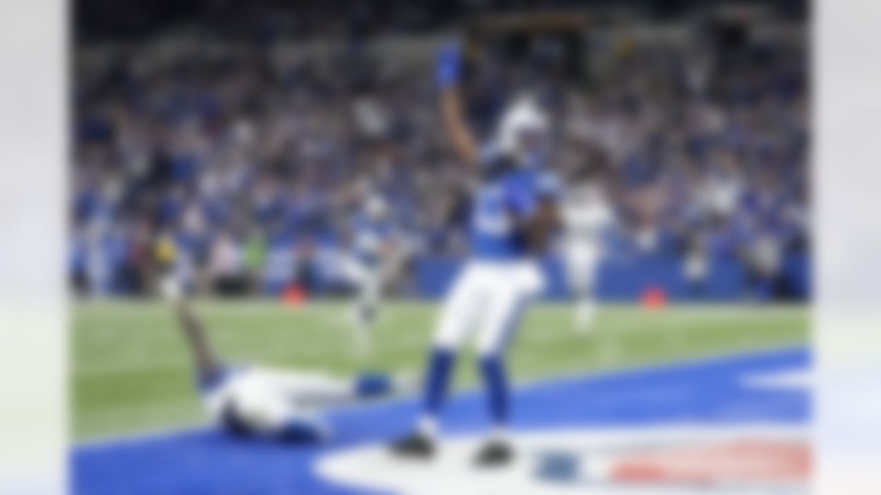 Indianapolis Colts wide receiver T.Y. Hilton (13) celebrates after catching a 45-yard touchdown pass during the second half of an NFL football game against the Las Vegas Raiders, Sunday, Jan. 2, 2022, in Indianapolis.