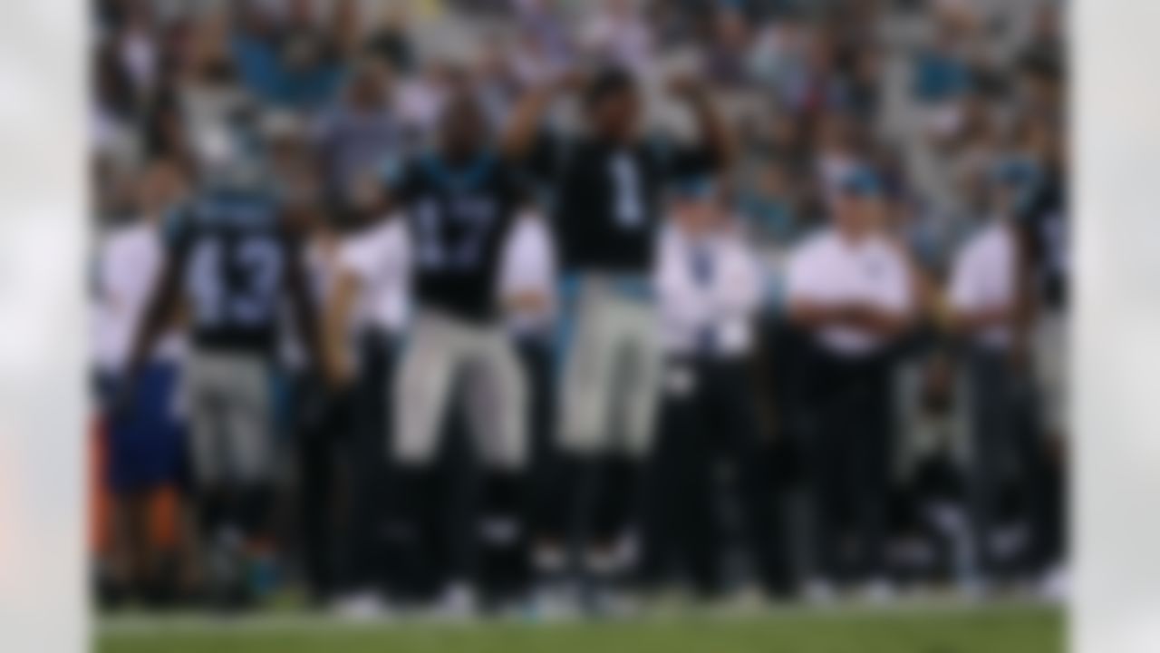 Carolina Panthers quarterback Cam Newton (1) celebrates on the sideline during an NFL football game against the Jacksonville Jaguars at EverBank Field, Thursday, August 24, 2017 in Jacksonville, Fla. The Panthers defeated the Jaguars 24-23. (Perry Knotts/NFL)