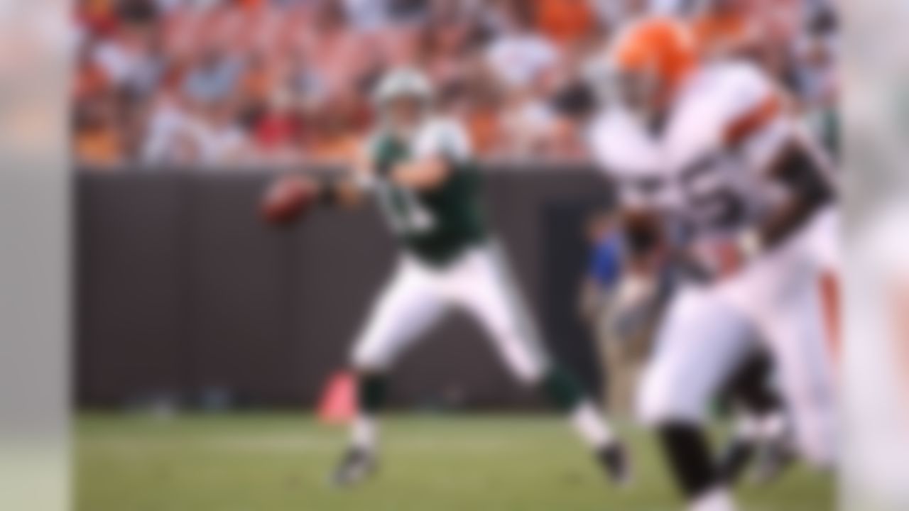 CLEVELAND, OH - AUGUST 7:  Kellen Clemens #11 of the New York Jets looks to pass the ball during the first quarter of a preseason game against the Cleveland Browns at Cleveland Browns Stadium on August 7, 2008 in Cleveland, Ohio. The game was suspended due to lightning. (Photo by Joe Robbins/Getty Images)