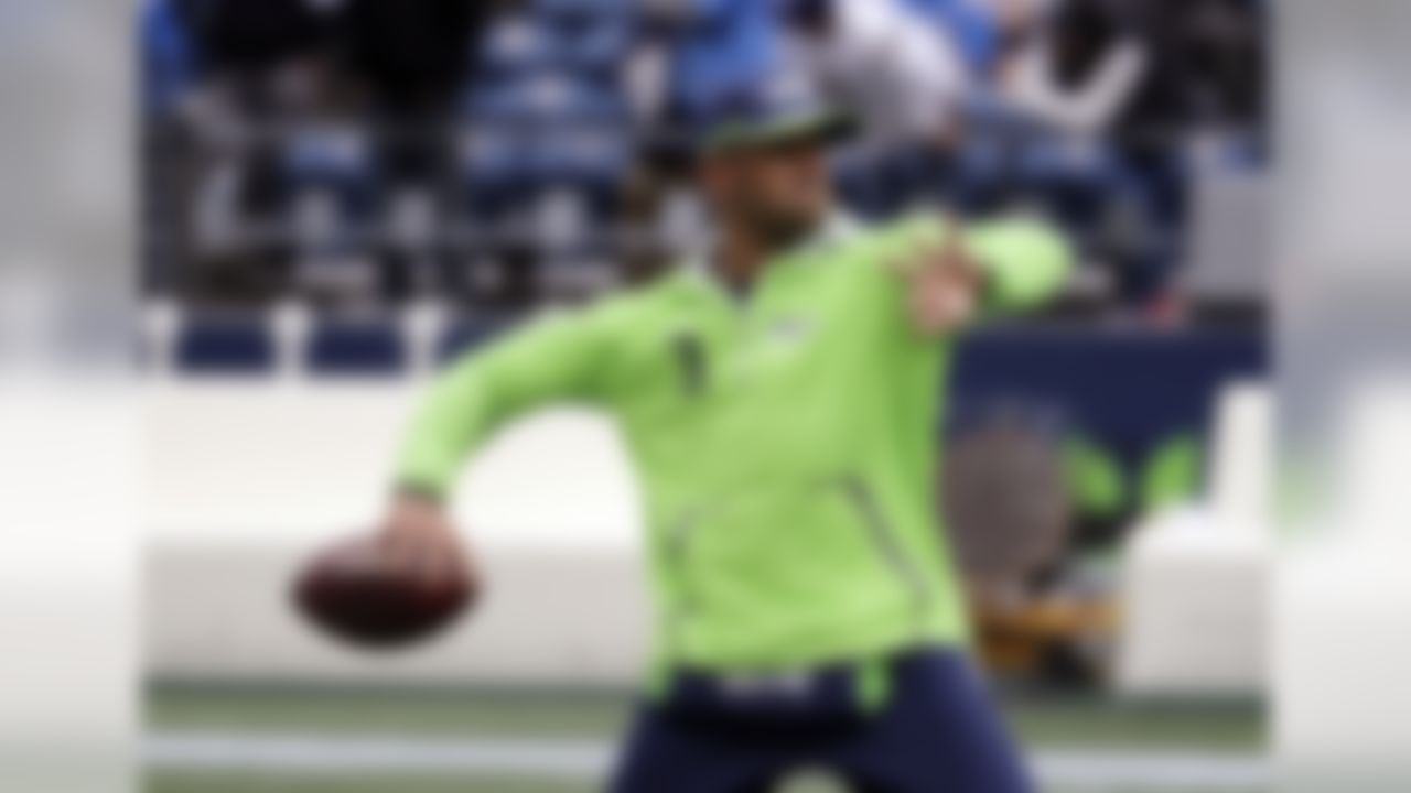 Seattle Seahawks quarterback Russell Wilson warms up before an NFL football game against the Los Angeles Chargers, Sunday, Nov. 4, 2018, in Seattle. (AP Photo/Ted S. Warren)