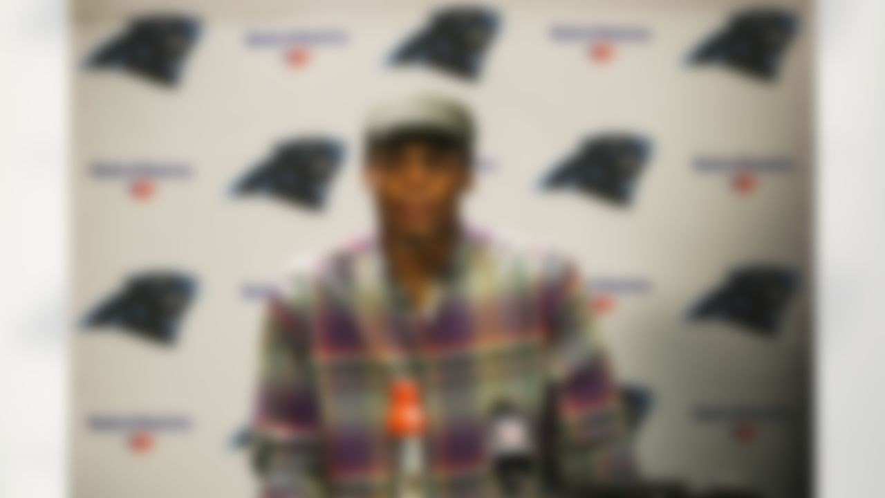 Carolina Panthers quarterback Cam Newton (1) talks during a press conference after a NFL preseason game against the Jacksonville Jaguars, Thursday, Aug. 24, 2017 in Jacksonville, Fla. (Logan Bowles / NFL)