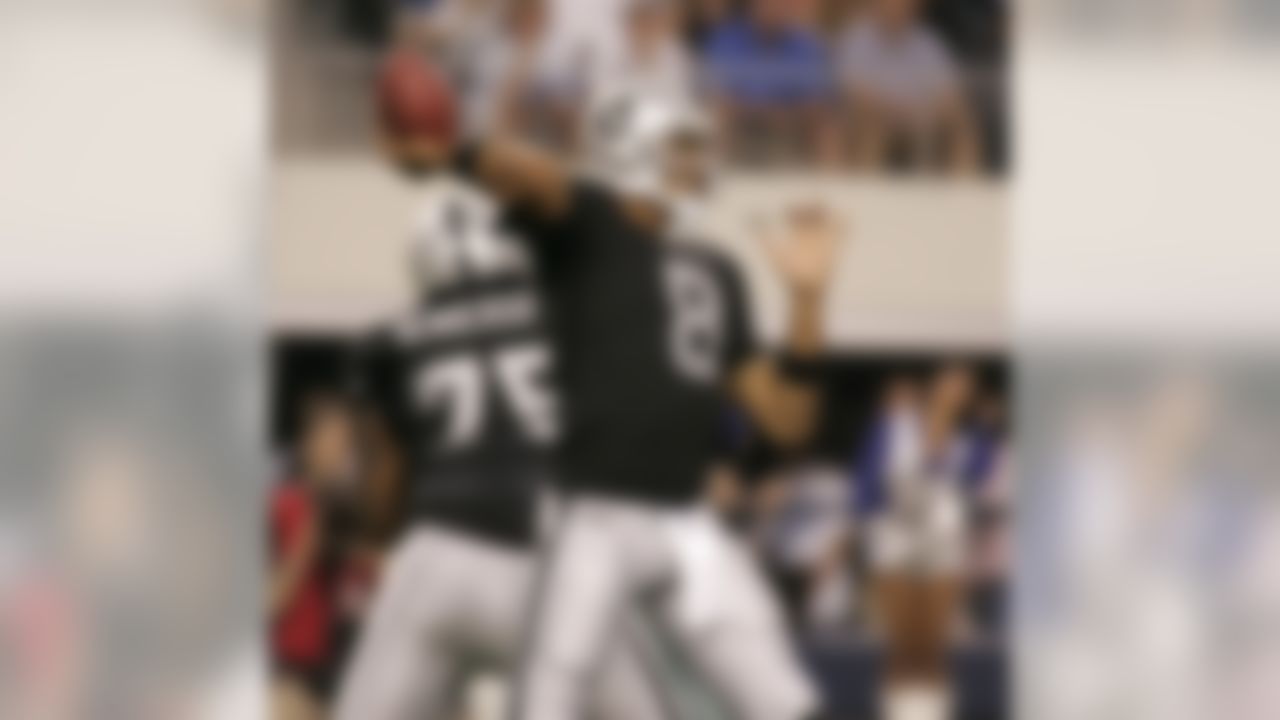 Oakland Raiders quarterback Jason Campbell (8) throws a pass in the first quarter during a preseason NFL football game against the Dallas Cowboys at Cowboys Stadium in Arlington, Texas, Thursday Aug. 12, 2010. (AP Photo/Sharon Ellman)