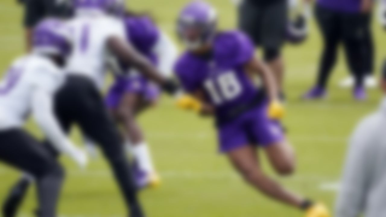 Minnesota Vikings wide receiver Justin Jefferson (18) runs a route during NFL football practice in Eagan, Minn., Wednesday, June 2, 2021.